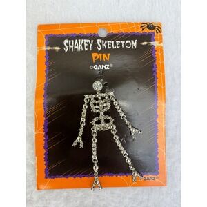 Ganz Shakey Skeleton Pin Rhinestone Silver Tone Articulated Halloween Brooch NEW